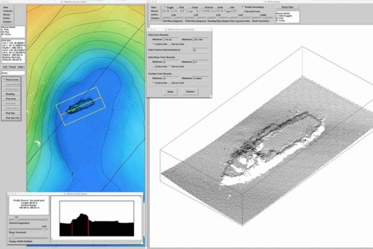 Distintas tomas de un mapeo del fondo del mar, para la localización del “American Heritage”.  // MBARI