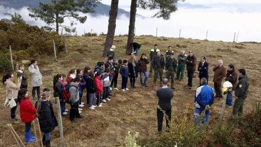 Los escolares plantaron árboles, ayer, en Chenlo. // Faro