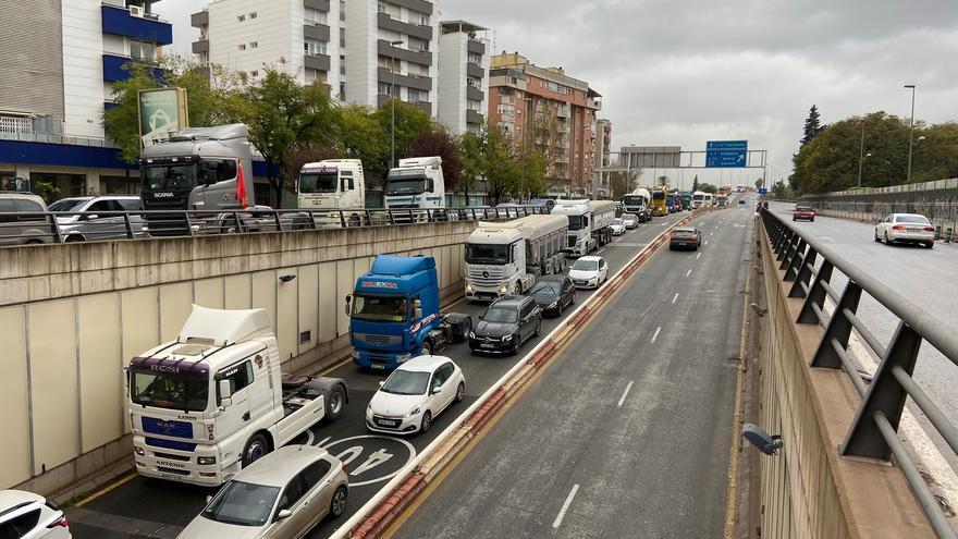 Unos trescientos transportistas toman el centro de Murcia en el cuarto día de huelga
