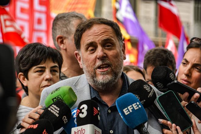 El presidente de ERC, Oriol Junqueras, este viernes en la manifestación del 1 de mayo.