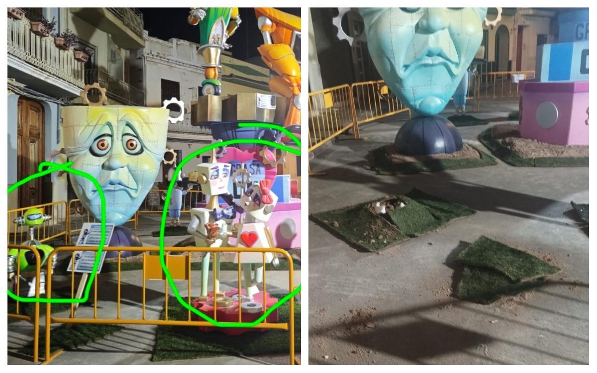 A la izquierda, foto del antes (con los dos 'ninots' plantados en su sitio correspondiente) y la derecha, imagen actual, sin ambas figuras.