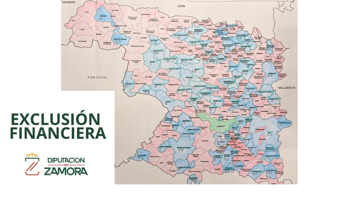 Mapa de la xxclusión Financiera en el medio rural de Zamora. Las localidades en color morado, no tienen ningún tipo de servicio financiero.