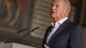 El canciller alemán, Olaf Scholz, este lunes en un acto en Bremen.
