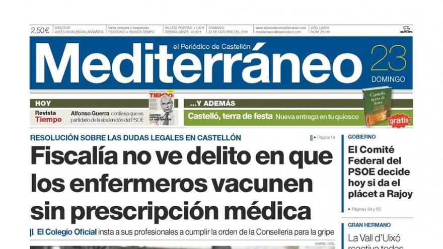 La Fiscalía no ve delito en que los enfermeros vacunen sin prescripción médica, en la portada de Mediterráneo