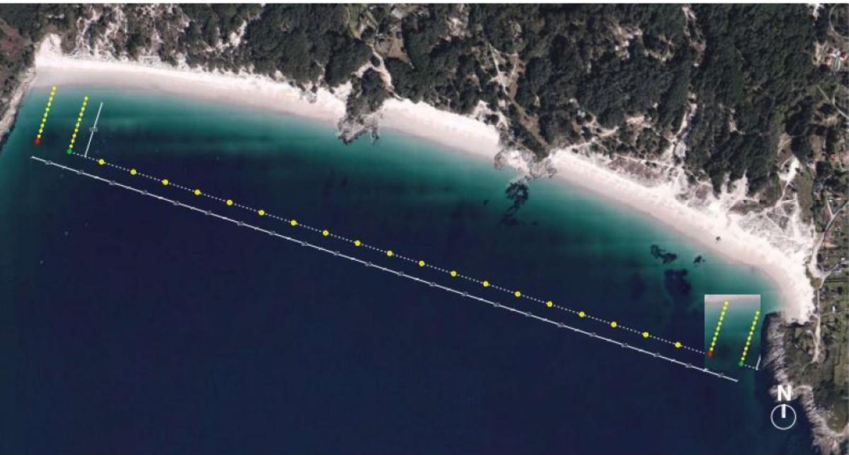 Plano de balizamiento de Nerga-Barra-Viñó con los canales de entrada y salida en los extremos.