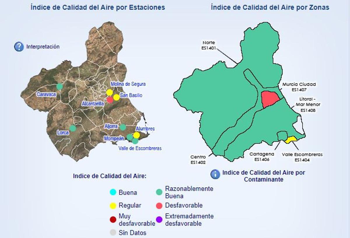 Mapa de la Región con los índices de calidad del aire.