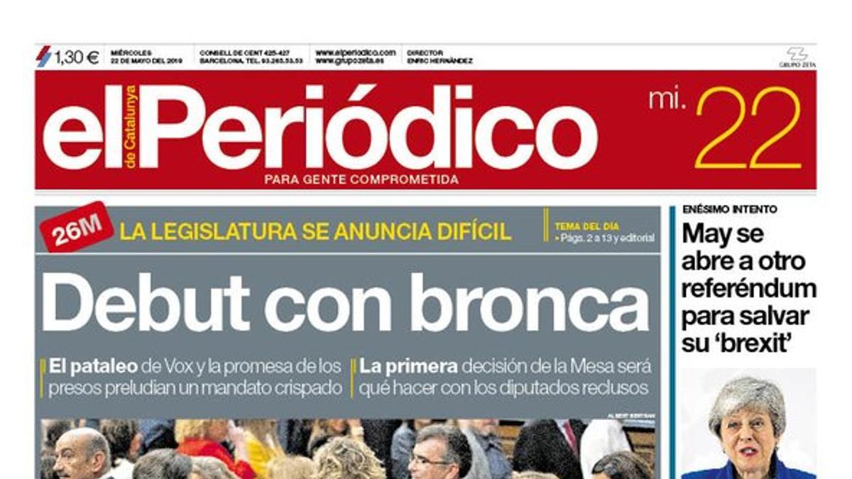 La portada de EL PERIÓDICO del 22 de mayo del 2019.