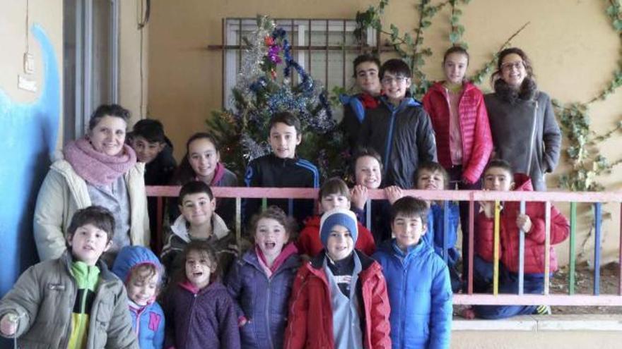 Maestros y alumnos del colegio de Fonfría junto al pino donado por Medio Ambiente, que decoraron juntos.