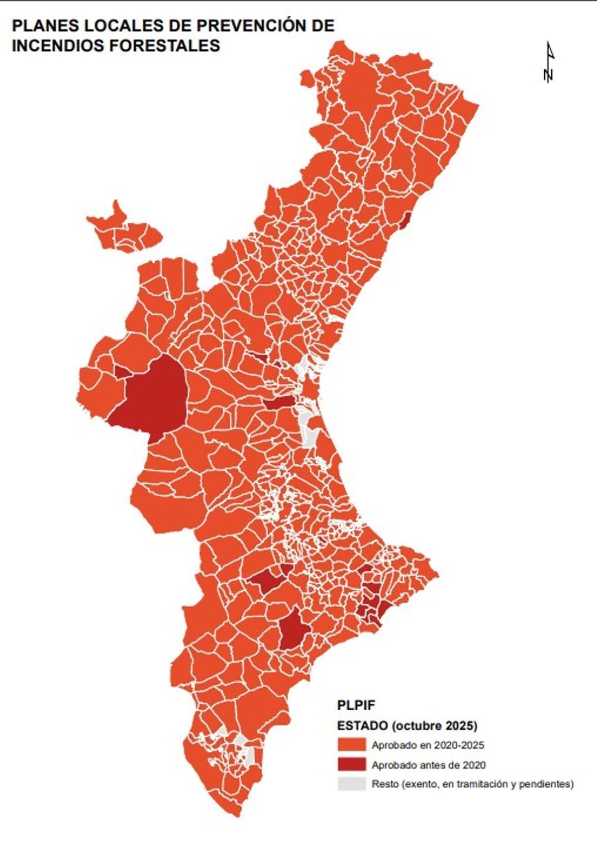 Mapa valenciano de los planes locales de prevención de incendios forestales (PLPIF).