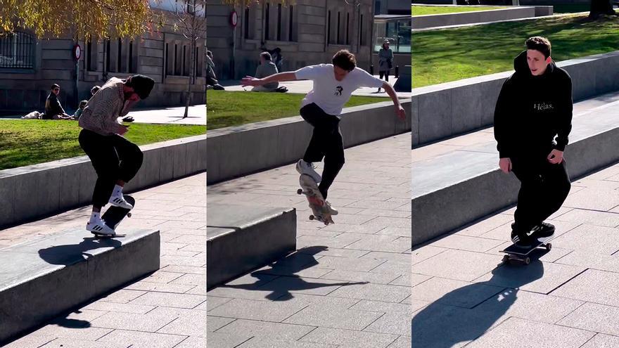 Los &#039;skaters&#039; internacionales Miles Silvas, Mark Suciu y Mikel Vidal, en Vigo