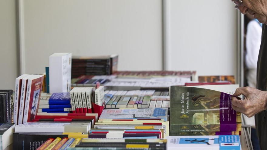 Un hombre hojea un libro en una caseta de la Feria del Libro de Valencia