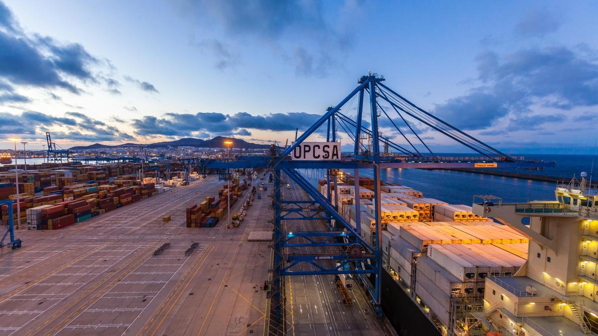 Vista de la terminal de contenedores Opcsa, en el Puerto de Las Palmas, durante una operativa.