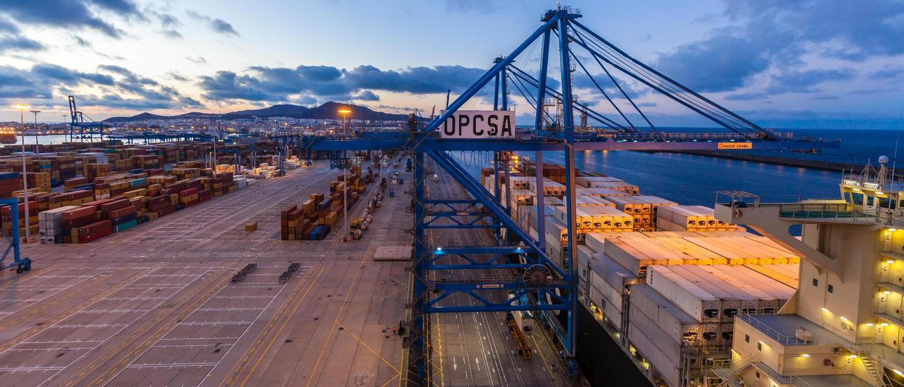 Vista de la terminal de contenedores Opcsa, en el Puerto de Las Palmas, durante una operativa.