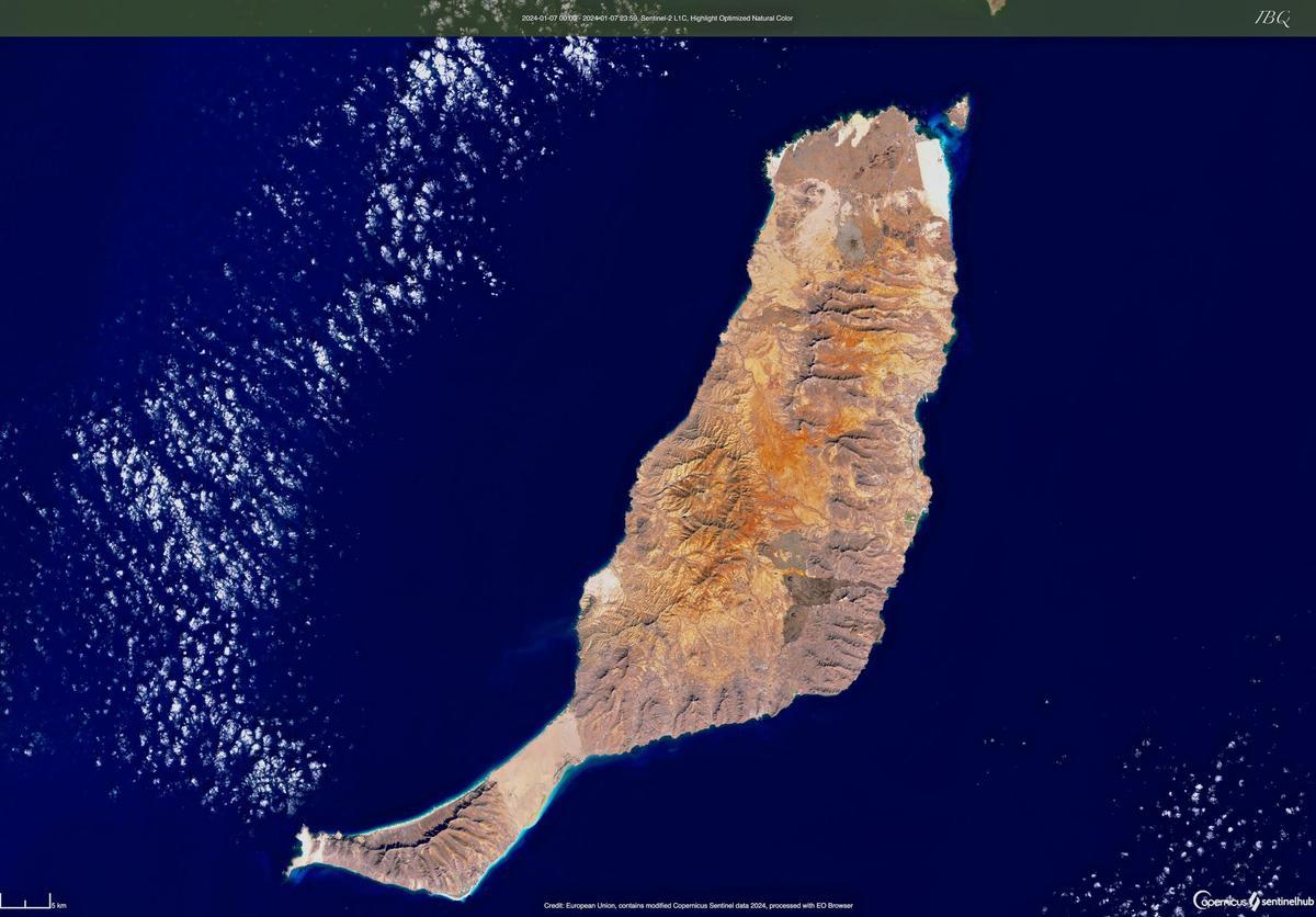 Fuerteventura, desde el espacio captada por el satélite Sentinel 2 el 7 de enero de 2024