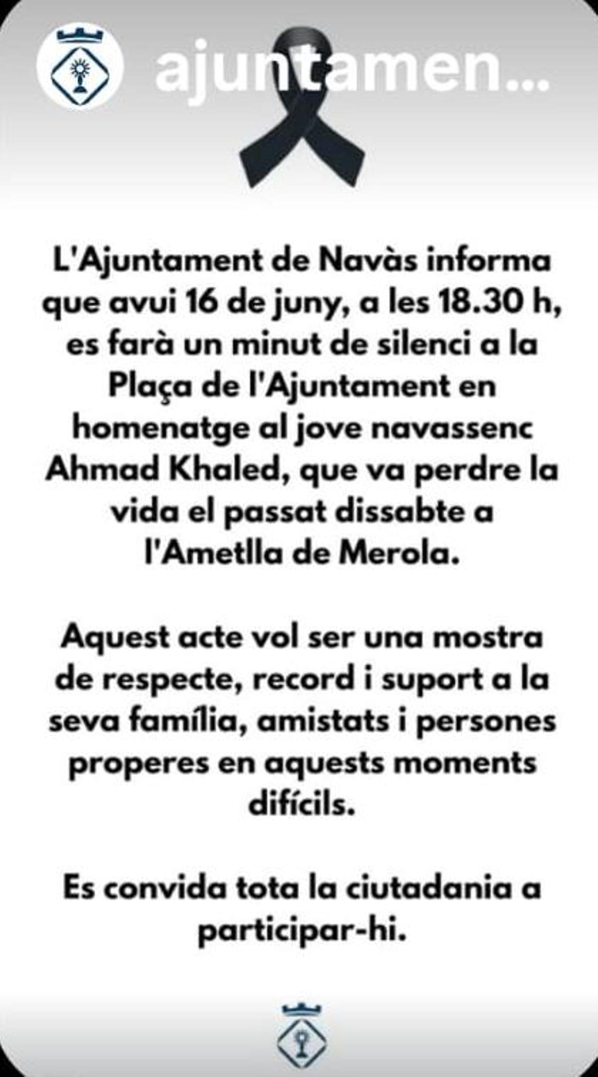 Convocatòria del minut de silenci feta per l'Ajuntament de Navàs