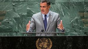 El presidente del Gobierno, Pedro Sánchez, se dirige a la Asamblea General de Naciones Unidas, este 22 de septiembre de 2021 en Nueva York, madrugada del jueves en España.