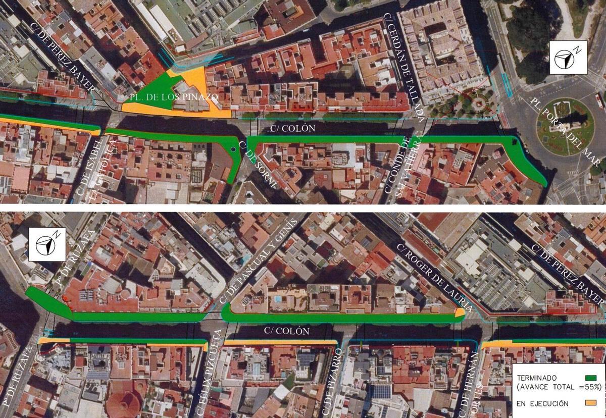 Plano orientativo del estado de las obras de la zona Colón