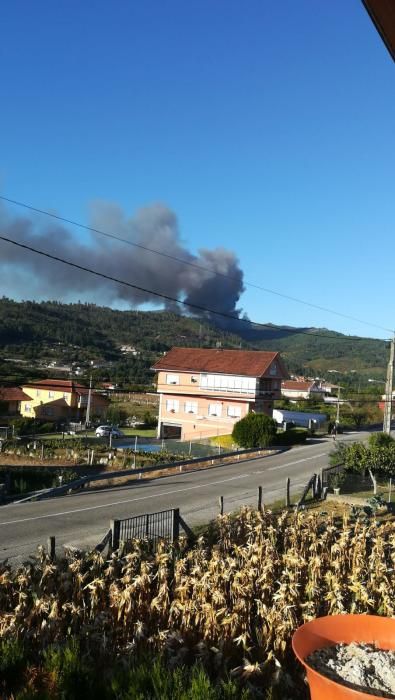 Las llamas en la parroquia de Sabaxáns ha arrasado ya veinte hectáreas. La humareda visible en la ría de Vigo.