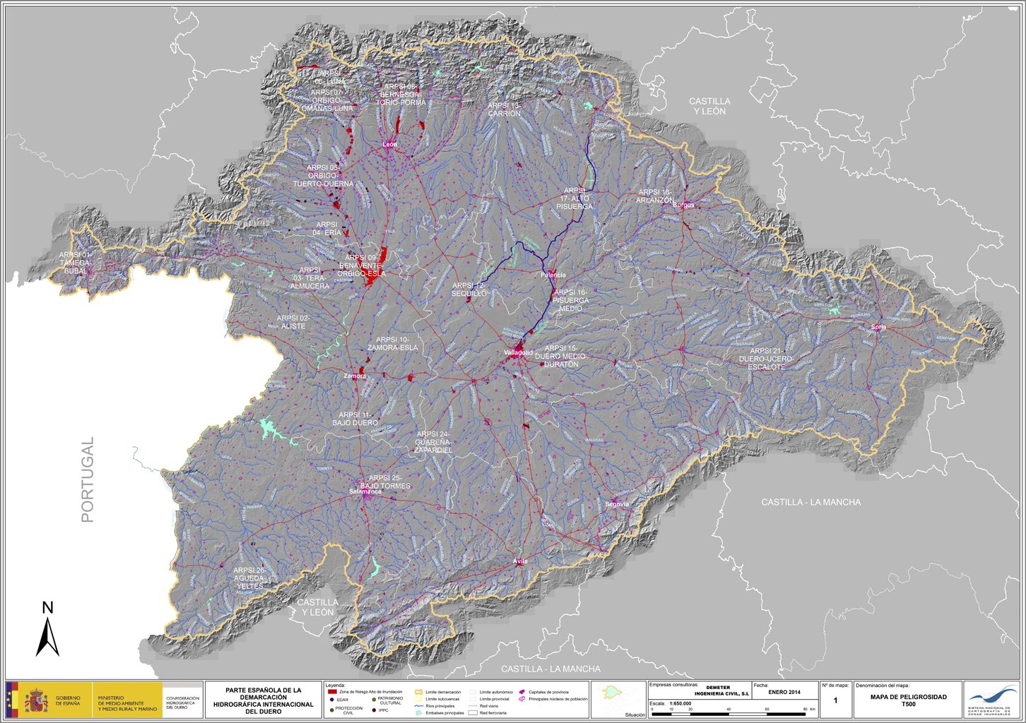 Mapa de peligrosidad en la cuenca del Duero. El área con mayor marca en rojo se corresponde con Benavente-Esla-Órbigo