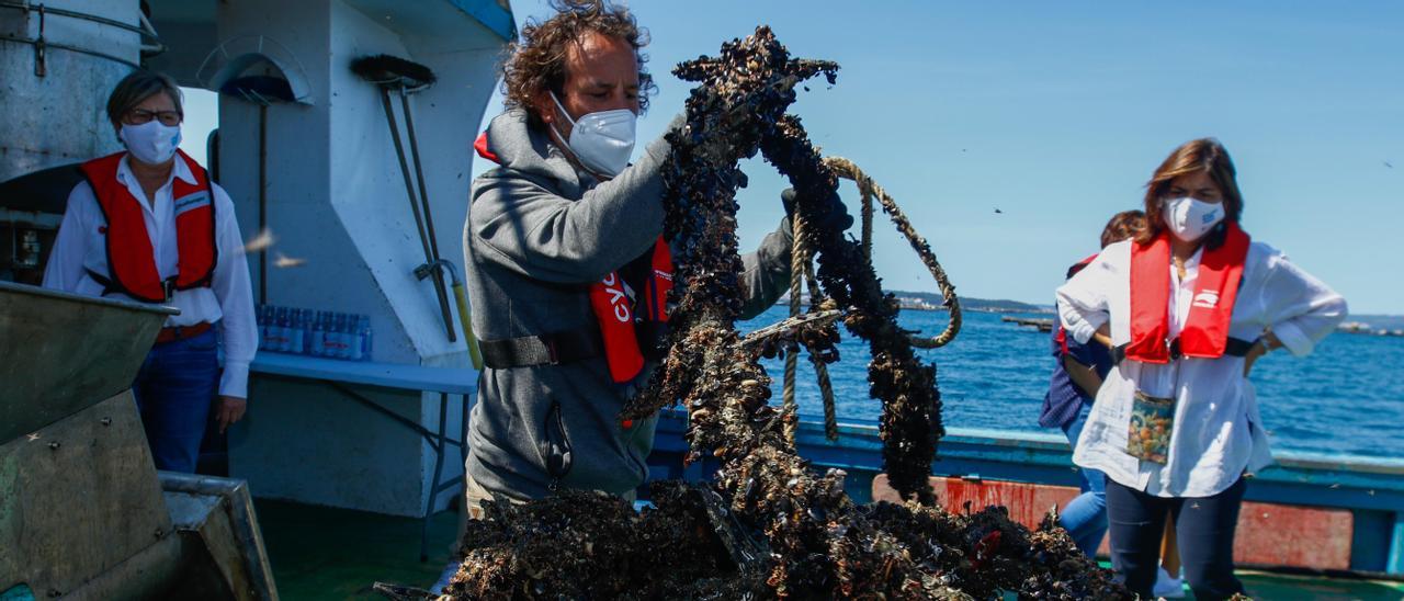 La conselleira de Mar, Rosa Quintana (izq.) y la directora del Intecmar, Covadonga Salgado, en una jornada de recogida de muestras en las bateas arousanas.