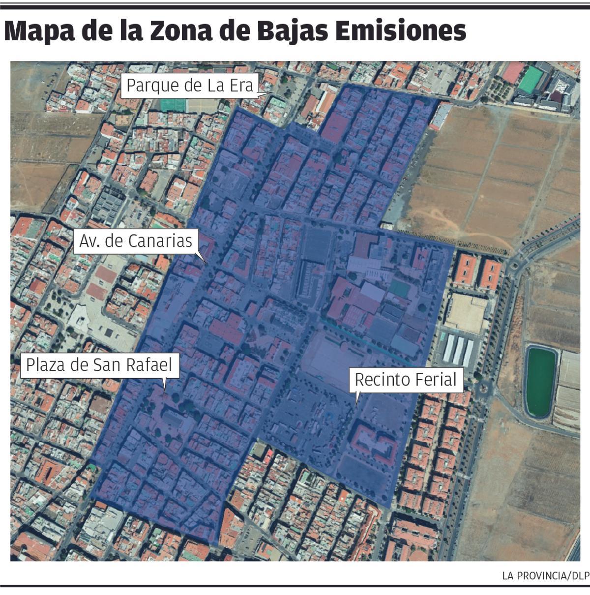 Mapa del núcleo urbano de Vecindario con la Zona de Bajas Emisiones delimitada de forma provisional.
