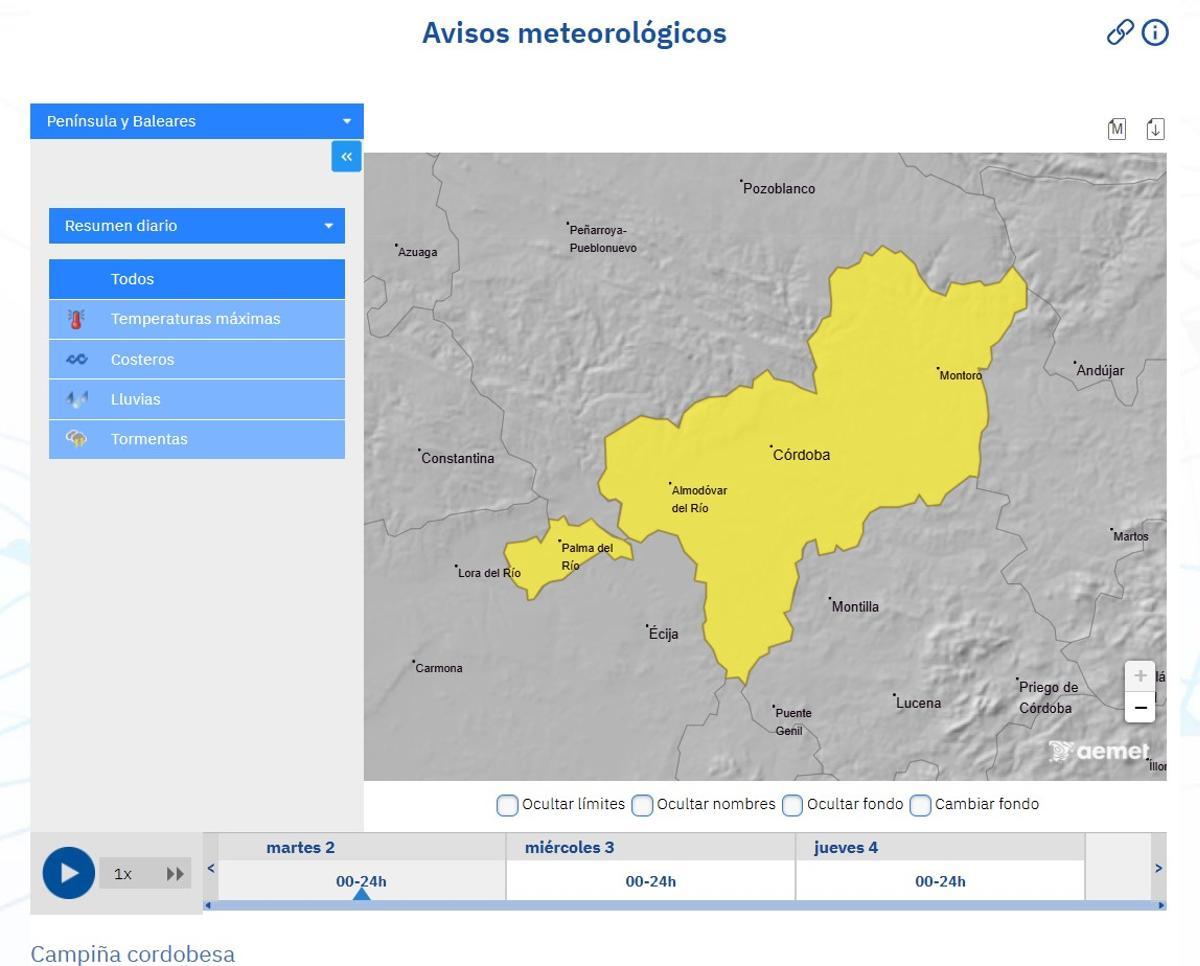 Aviso amarillo por altas temperaturas en la Campiña cordobesa hoy martes, 2 de junio.