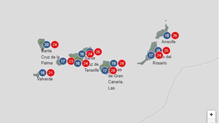 Temperaturas previstas en Canarias para el jueves 19 de mayo.