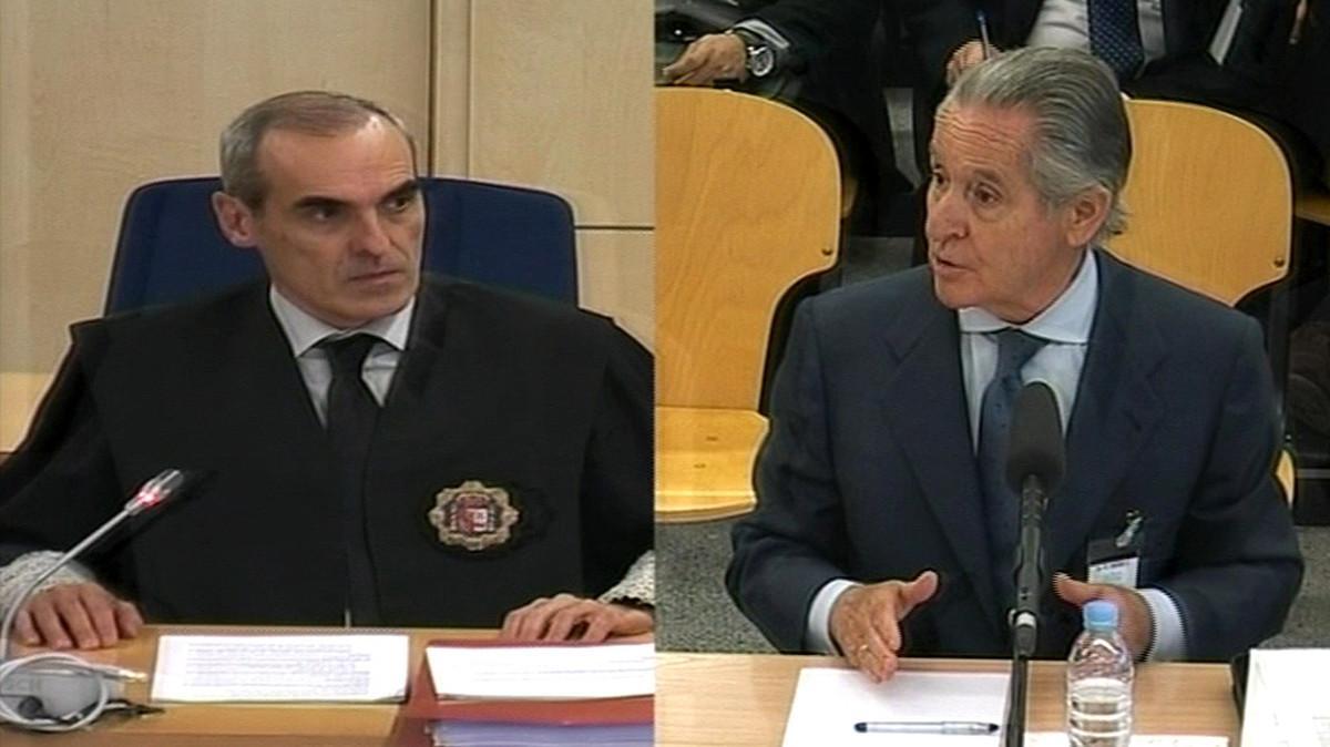 GRA106 SAN FERNANDO DE HENARES (MADRID), 30/09/2016.- Imágenes capturadas de la señal institucional de la Audiencia Nacional que muestra al fiscal Anticorrupción Alejandro Luzón (i) y al expresidente de Caja Madrid Miguel Blesa (d), uno de los 65 usuarios de las tarjetas opacas que ha comenzado hoy a declarar en el juicio por el uso irregular de estas tarjetas. EFE