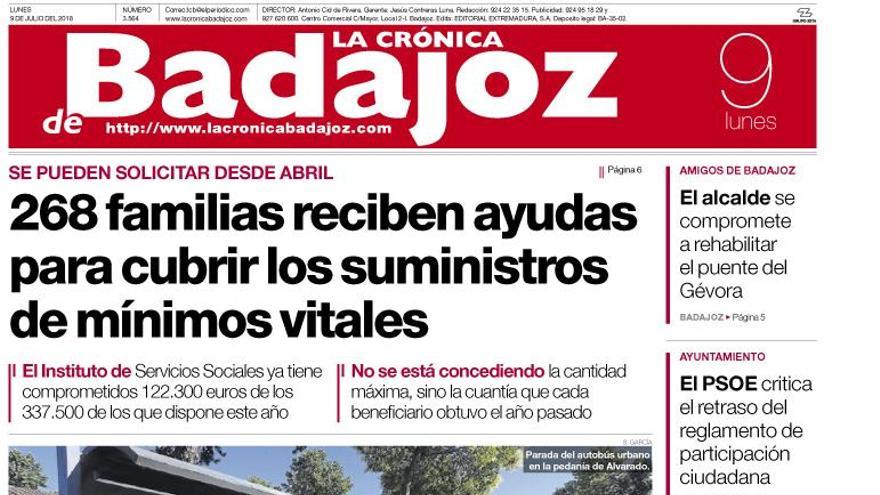 Esta es la portada de LA CRÓNICA DE BADAJOZ correspondiente al día 9 de julio de 2018