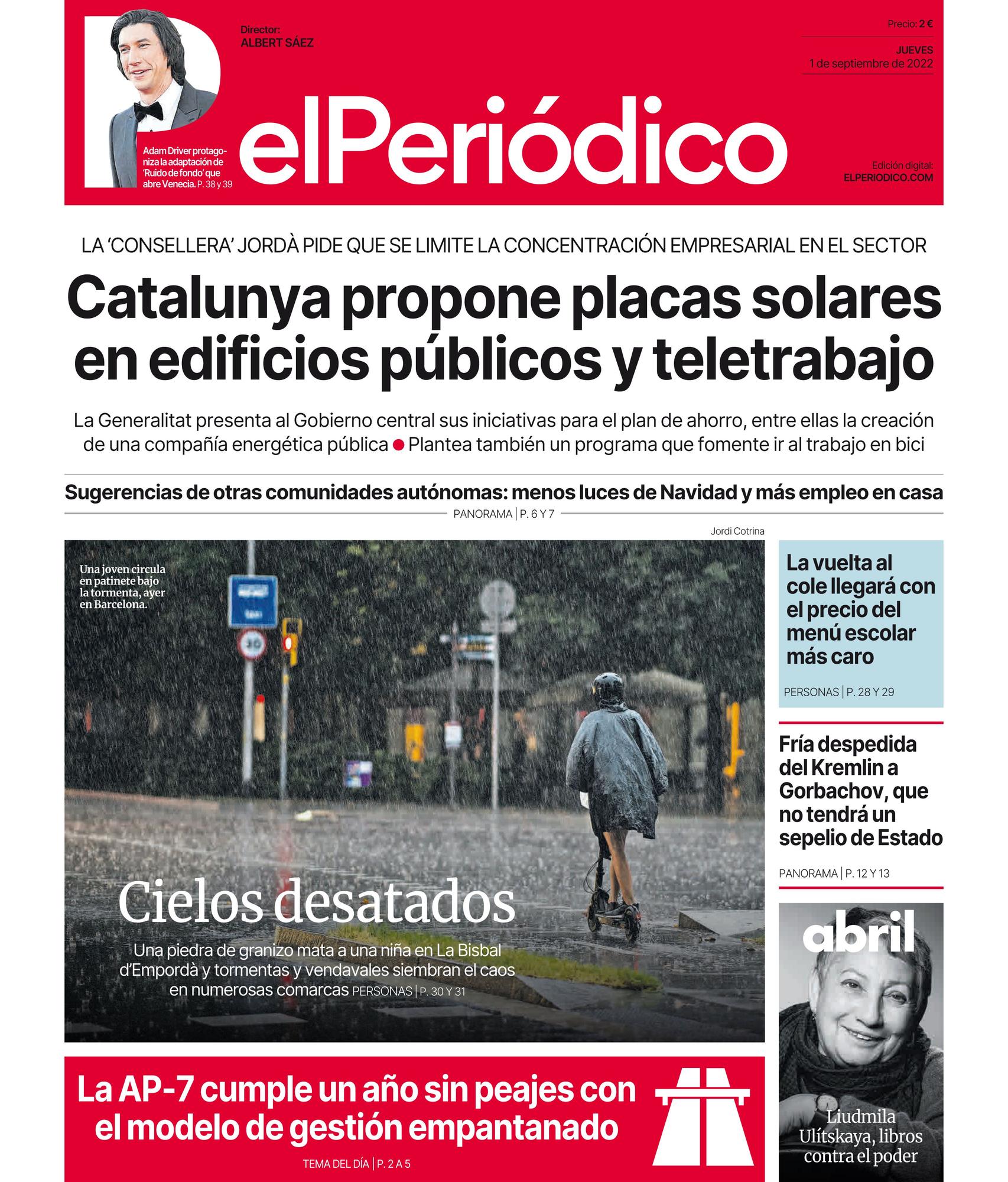 La portada de EL PERIÓDICO del 1 de septiembre de 2022