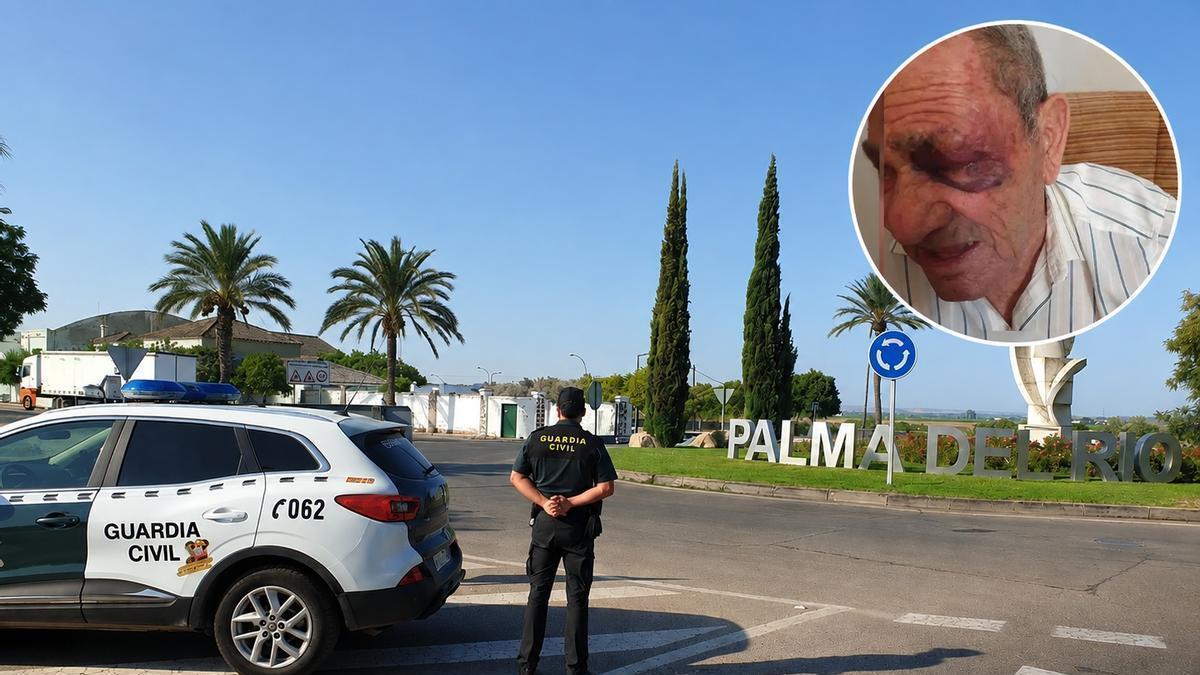 Una patrulla de la Guardia Civil en uno de los accesos a Palma del Río y arriba, a la derecha, el anciano agredido con el ojo hinchado tras el asalto en su domicilio.