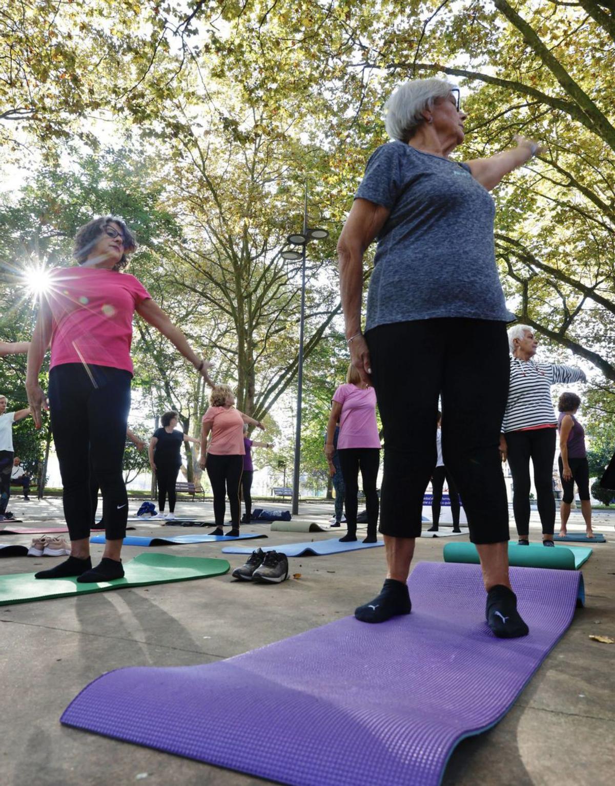 Personas mayores en Avilés practicando ejercicio en el parque del Muelle. | MIKI LÓPEZ