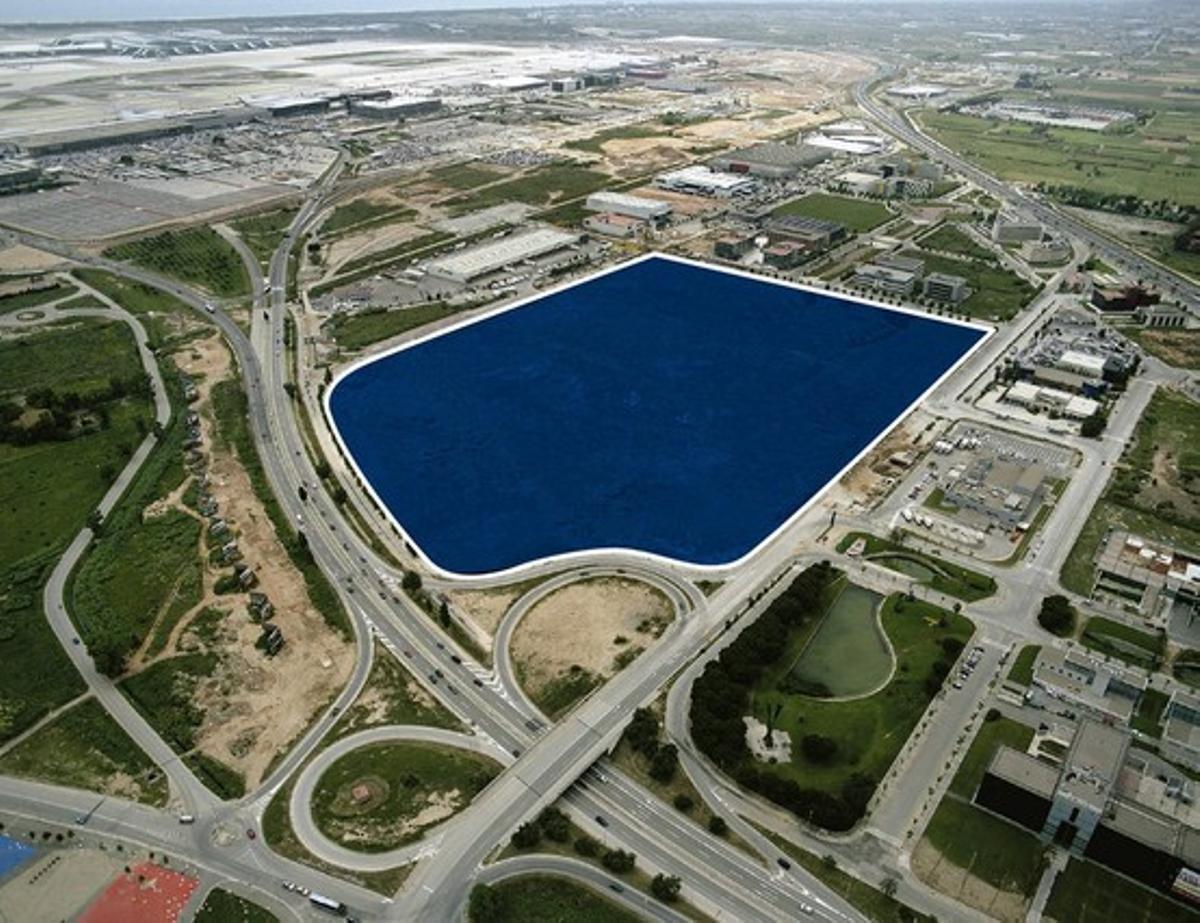 Imagen virtual de los terrenos donde se instalará Amazon en El Prat, con el aeropuerto al fondo.
