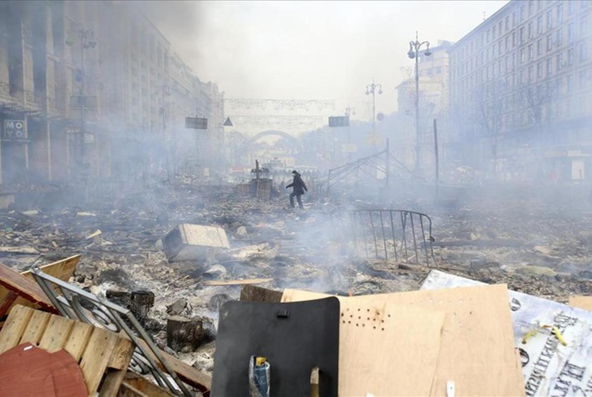 Alrededores de la Plaza de la Independencia de Kiev durante los enfrentamientos entre manifestantes y la policía antidisturbios.