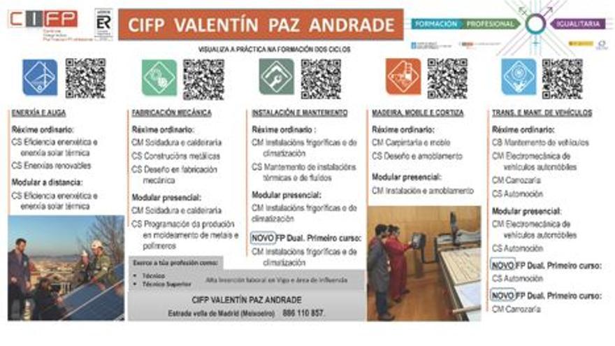 El CIFP Valentín Paz Andrade defiende y pone en práctica una formación actual , con una amplia oferta formativa en las familias de Energía y Agua; Fabricación Mecánica; Instalación y Mantenimiento; Madera, Mueble y Corcho; Transporte y Mantenimiento de Vehículos