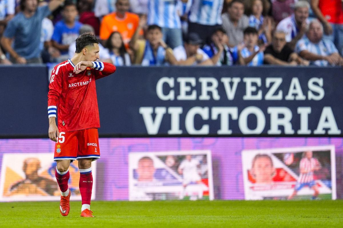 Bryan Zaragoza of RCD Espanyol gestures during the Spanish league, LaLiga EA Sports, football match played between Malaga CF and RCD Espanyol at La Rosaleda stadium on October 9, 2026, in Malaga, Spain. AFP7 09/10/2026 ONLY FOR USE IN SPAIN