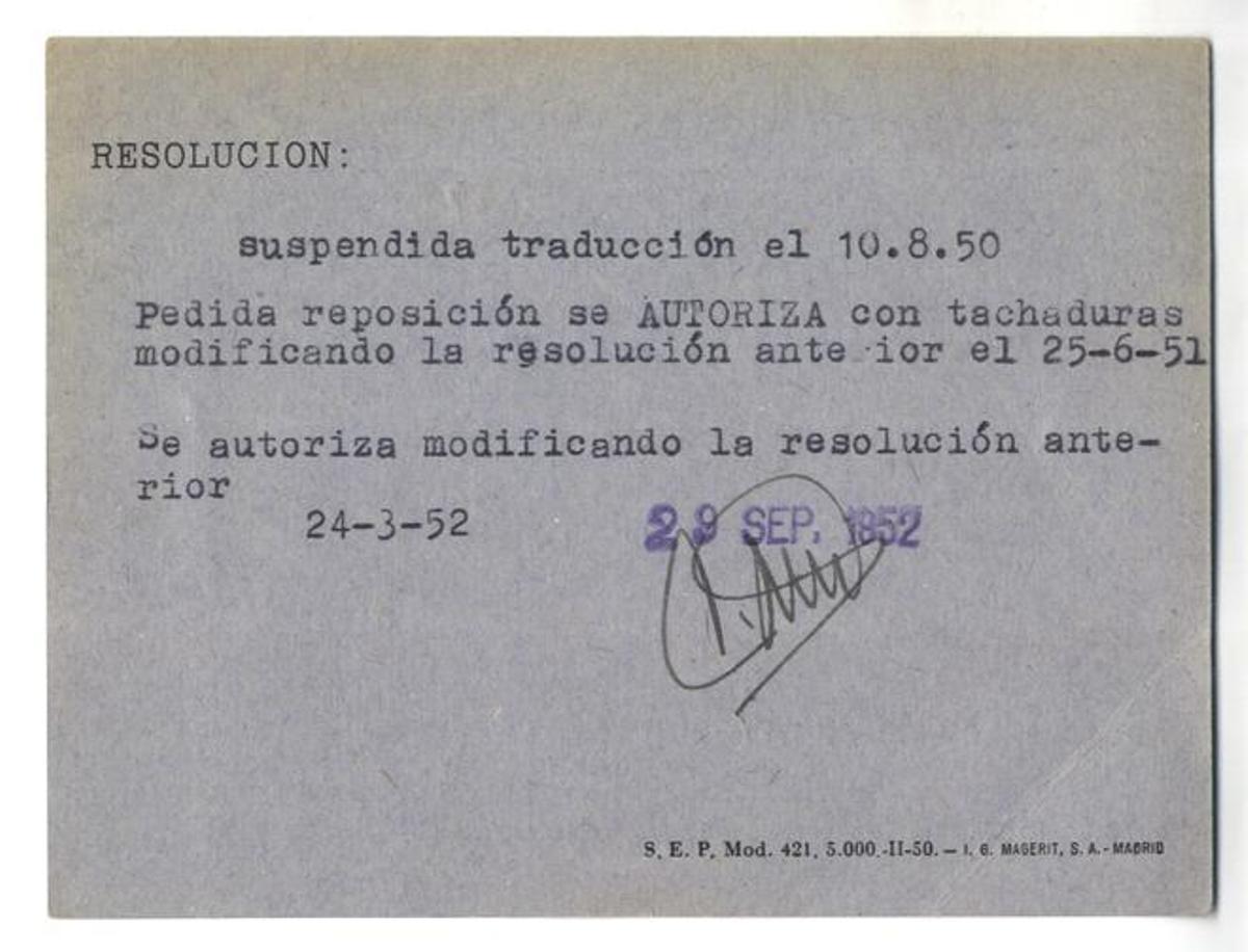 Cierre del expediente 3630 autorizando la publicación con enmiendas de '1984' por parte de la Dirección general de Propaganda del régimen franquista.