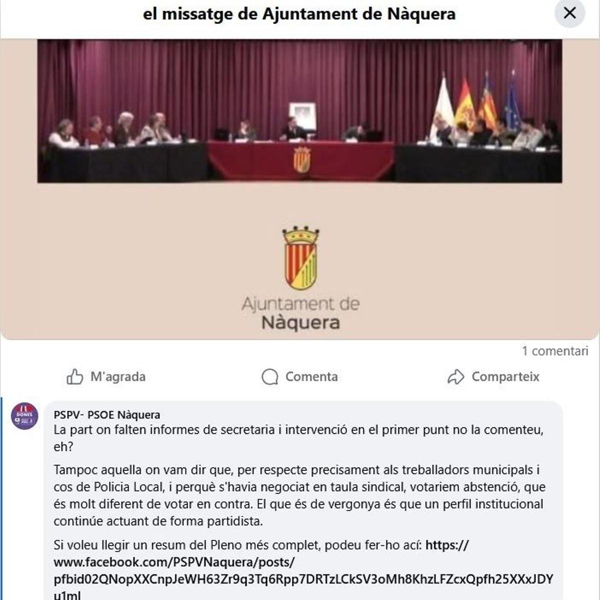 Captura de uno de los comentarios publicados desde el perfil de PSPV de Nàquera en respuesta al pleno del Ayuntamiento.