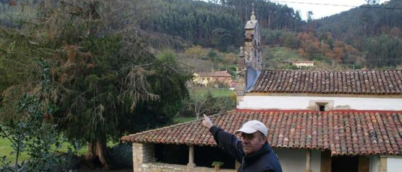 Raúl Ordieres Tuero señala el tejo centenario, frente a la iglesia de San Martín del Mar.