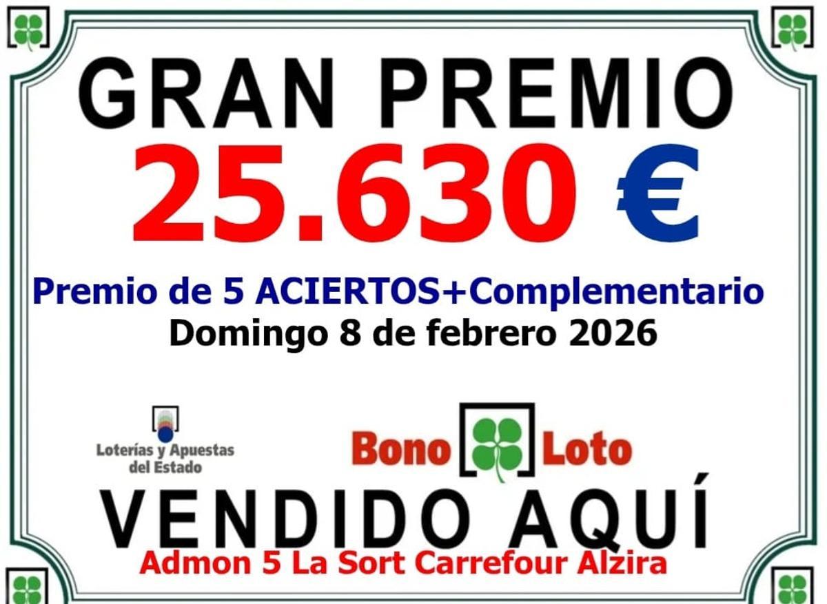 Cartel que anuncia el premio de la Bonoloto repartido en el sorteo del domingo.