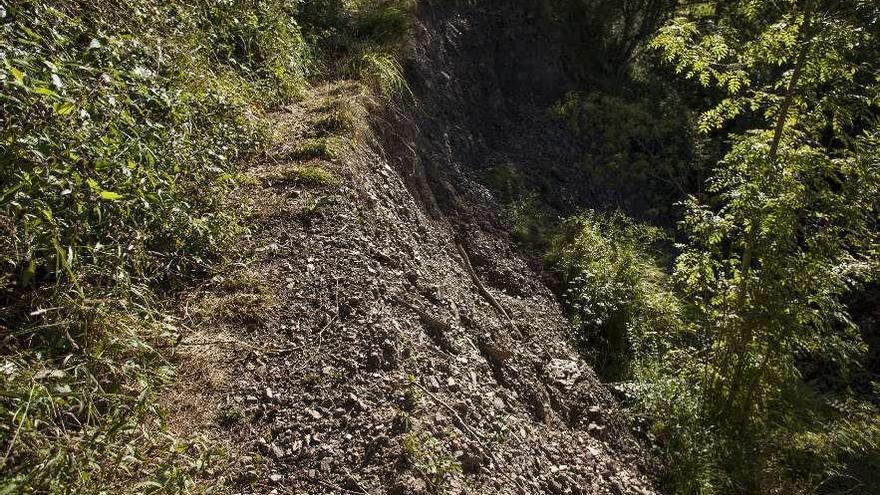 El tramo del camino afectado por el argayo en las proximidades de Tarna.