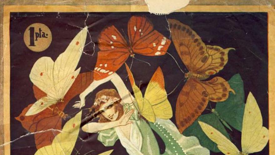 alegorías y simbolismo.  Bujados eligió una ninfa rodeada de mariposas y un niño para la portada de la revista de 1929 y el dibujante avilesino Fernando Wes Dintén se decantó por un niño centauro para la de 1932. A la derecha, la primera página de la publicación de 1960, de la que es autor Calixto Fernández; de aires modernistas, muestra a una joven asturiana bailando.