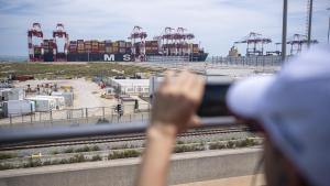 Jornada de Portes Obertes del Port de Barcelona del 2024: un visitante observa desde fuera de las instalaciones la terminal de Hutchison Ports Best, donde este año sí se podrá acceder.