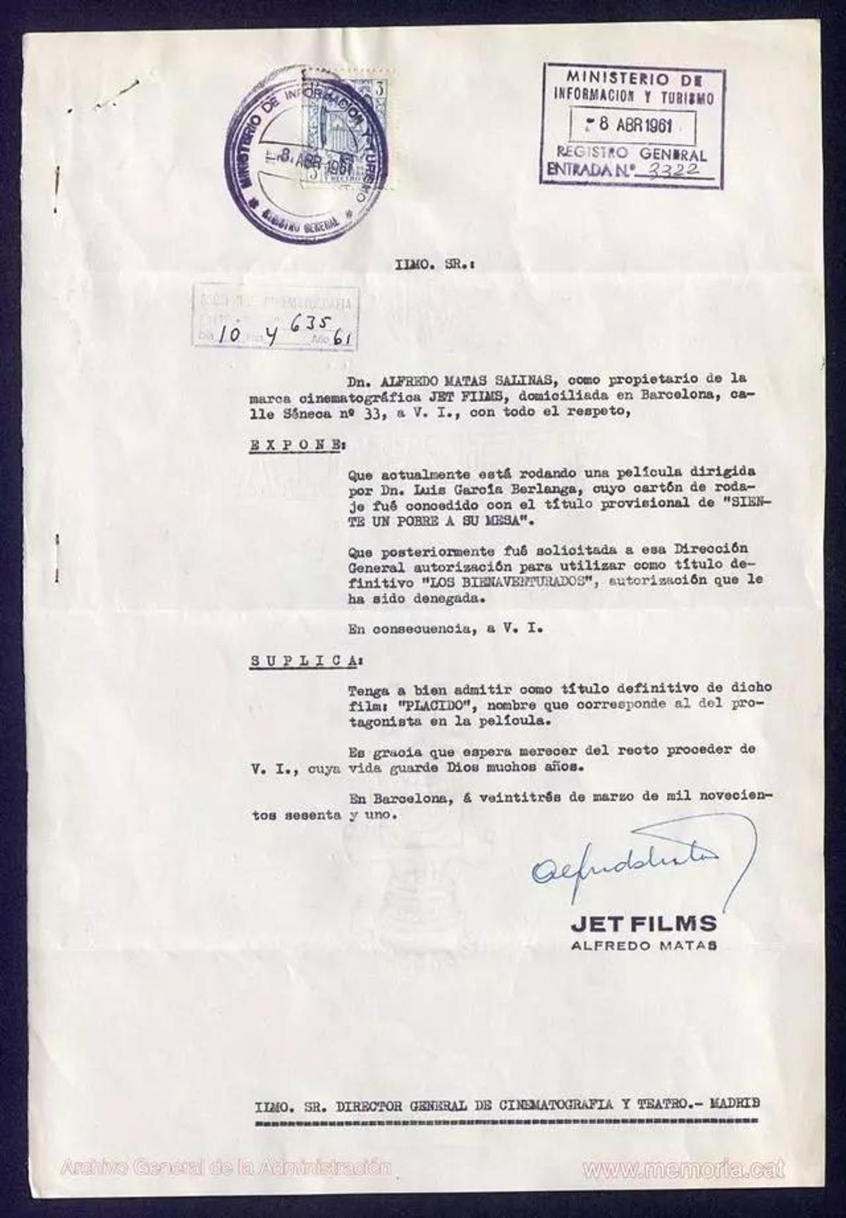 El productor, Alfred Matas, expone que una vez denegado el título de 'Los Bienaventurados', "suplica" que se admite como título definitivo 'Plácido', el nombre del protagonista (23 de marzo de 1961)