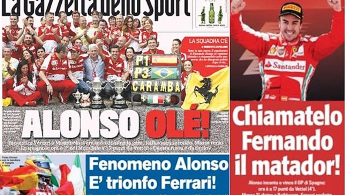 Detalles de algunas de las portadas de los principales diarios italianos, con el triunfo de Alonso en Montmeló