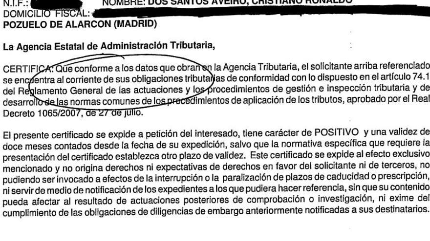 Un documento de Hacienda indica que Cristiano Ronaldo está al &quot;corriente de pago&quot;