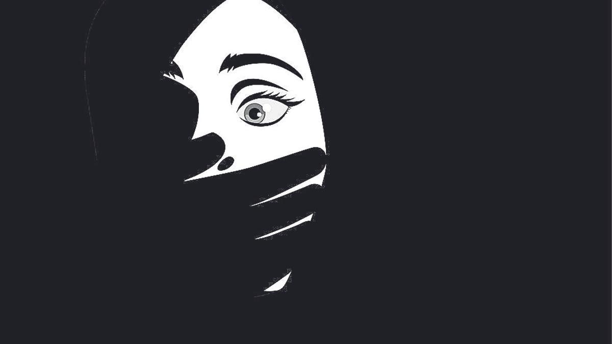 Una ilustración con una mano que tapa la bopca de una mujer para reflejar el secuestro de la violencia machista en casa