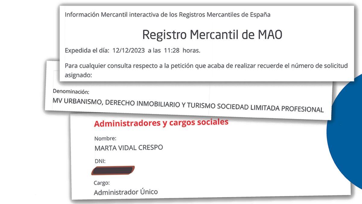 Registro Mercantil de Maó | Marta Vidal continúa como administradora. En estas imágenes se reproduce la nota registral donde aparece la consellera como administradora a todos los efectos legales.