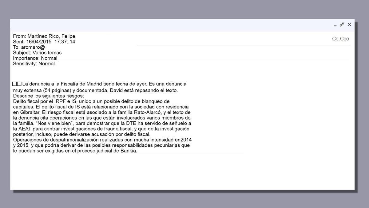 Reconstrucción de un correo electrónico de la cúpula de Hacienda sobre Rodrigo Rato