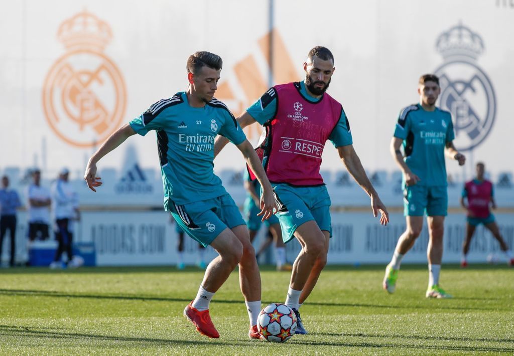 Blanco con Benzema durante una sesión de entrenamiento.